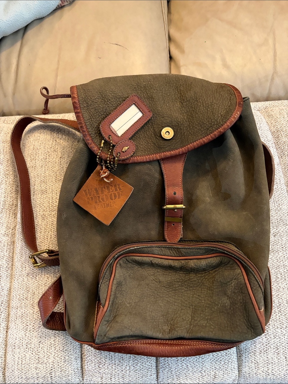 Olive Green Leather Trim Backpack